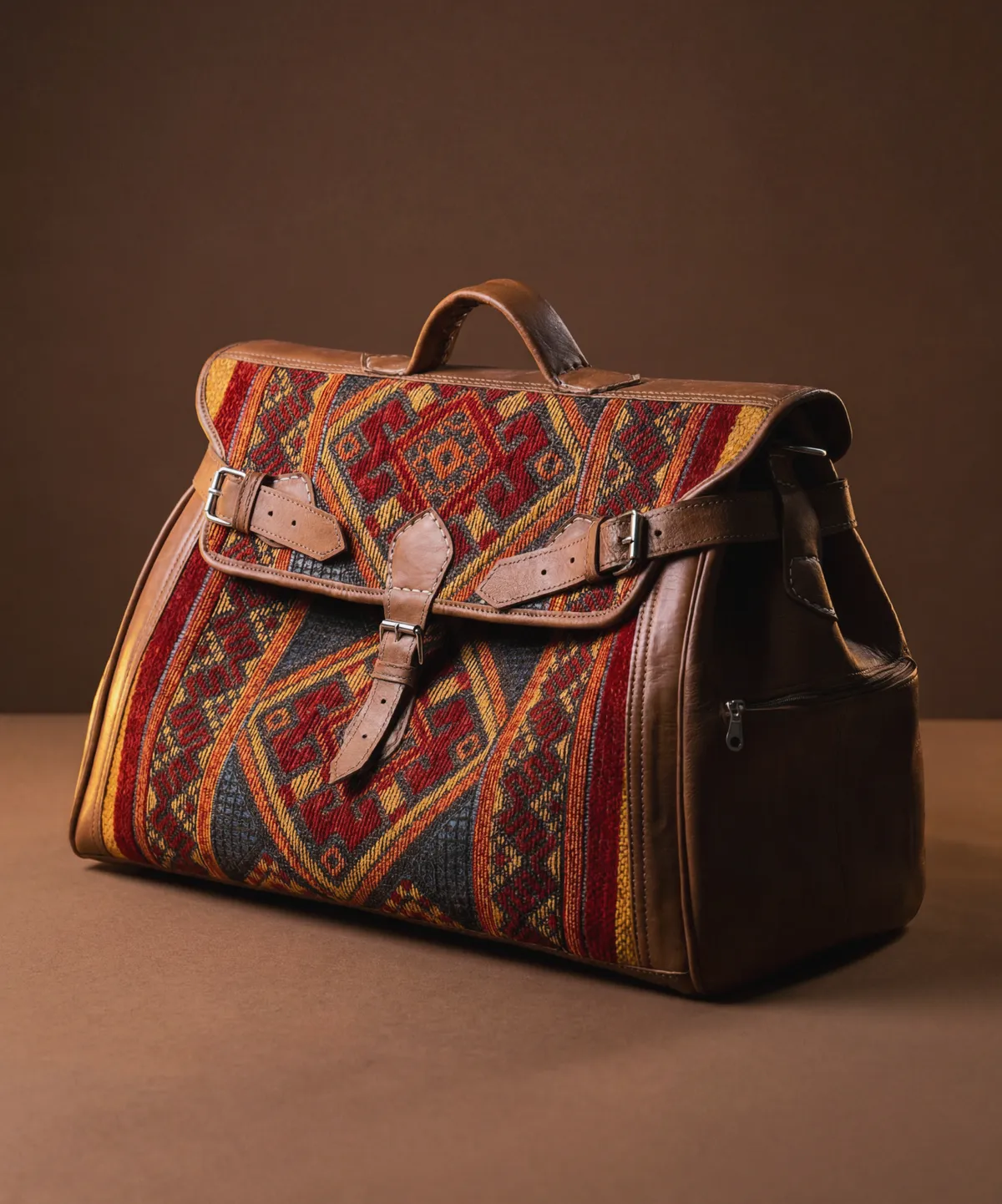 Cliente tenant un sac marocain rouge en cuir fait main