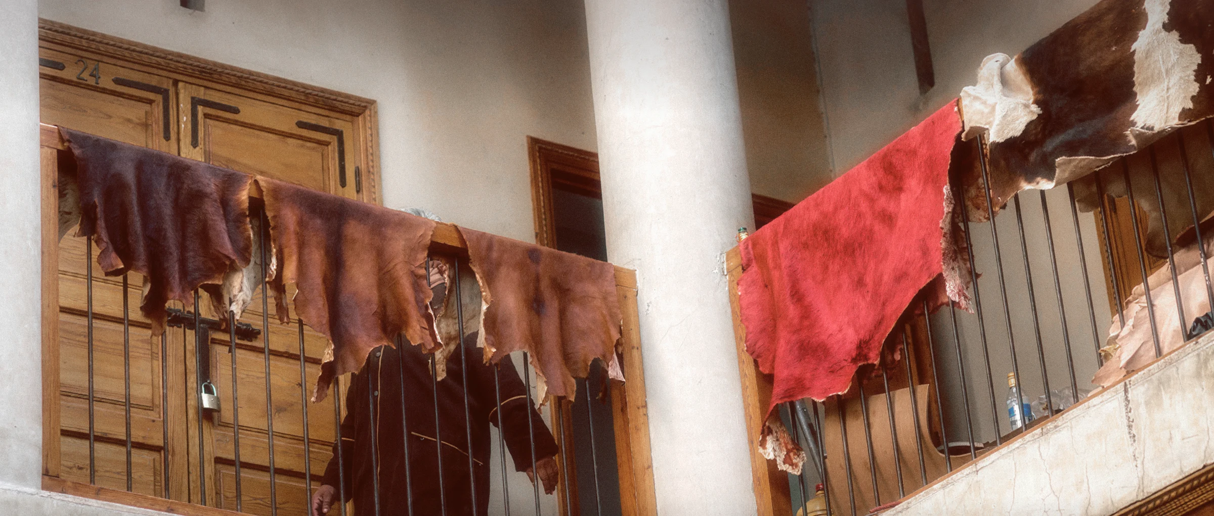 Leather hides drying in a traditional Moroccan workshop