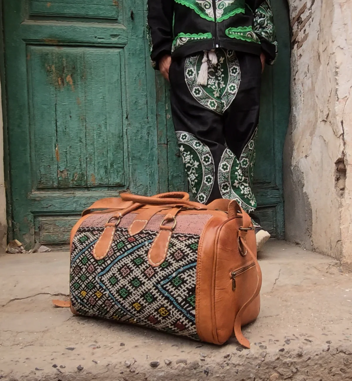 Handmade Moroccan leather and woven travel bag